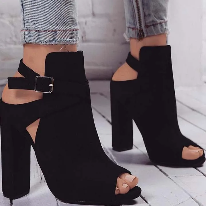 Black Block Heel Peep Toe Sandals