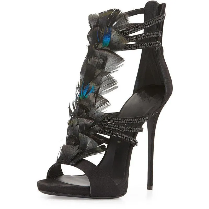 Black Fur Suede Rhinestone High Heel Sandals