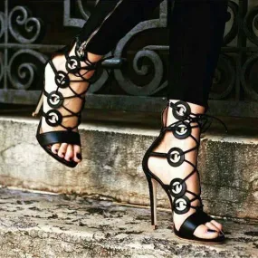 Black Strap High Heel Circle Sandals