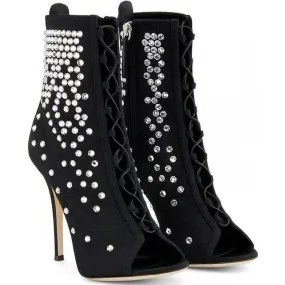 Black Suede Rhinestone Peep Toe Strap High Heel Sandals