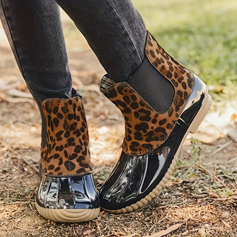 elveswallet Leopard Printed Waterproof Slip On Ankle Duckboots