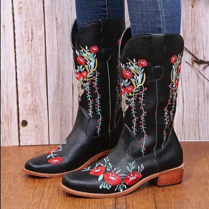 Embroidered Cowboy Boots for Women Pull-On Western Mid-Calf Boots