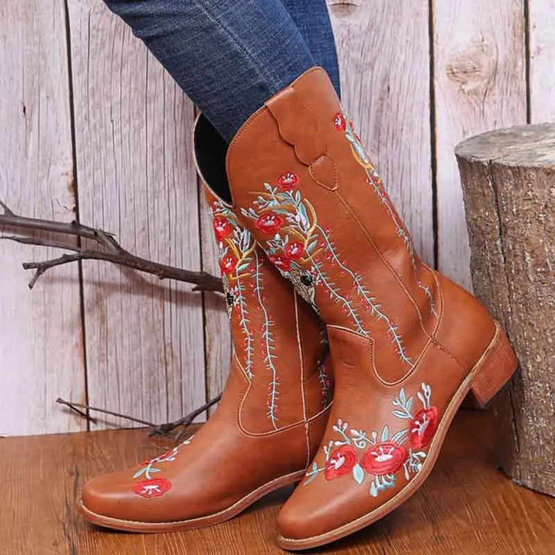 Embroidered Cowboy Boots for Women Pull-On Western Mid-Calf Boots