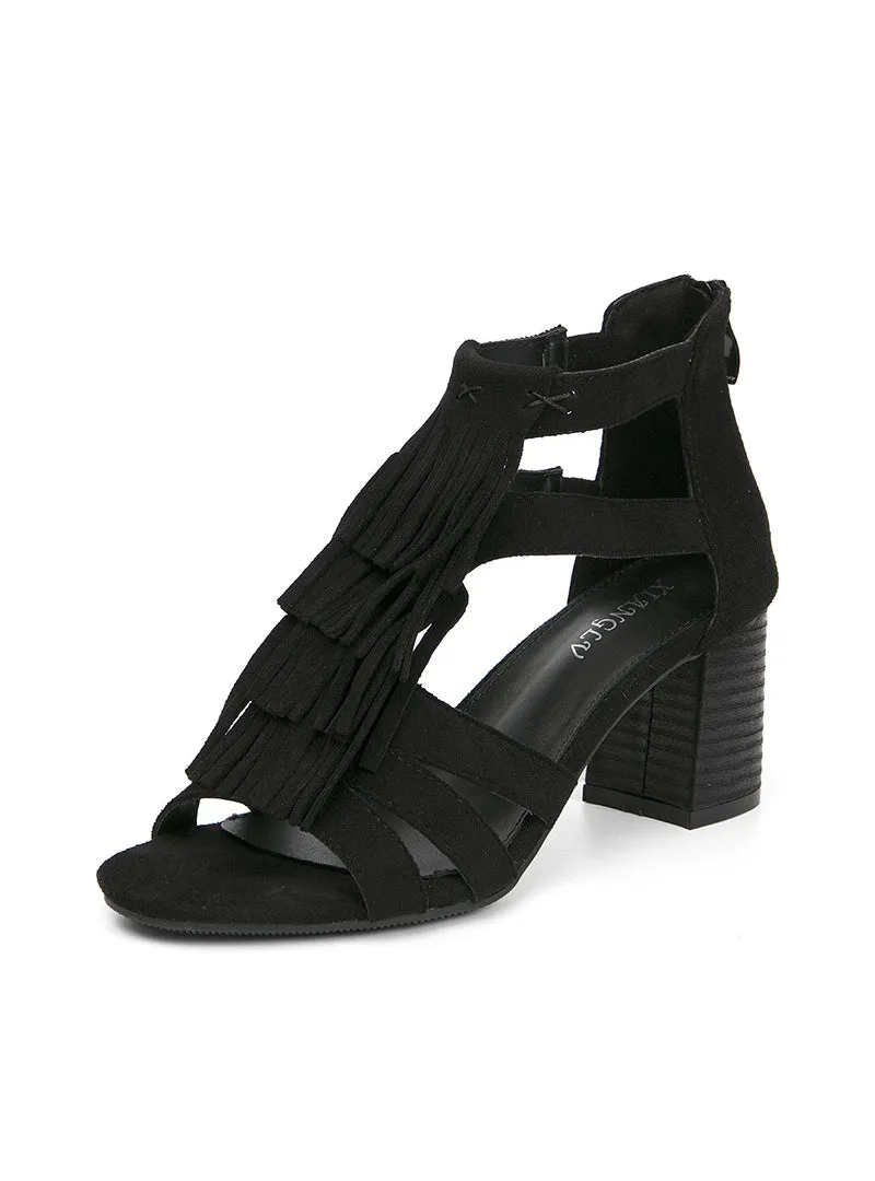 Fringed High-heeled Fishmouth Thick-heeled Sandals