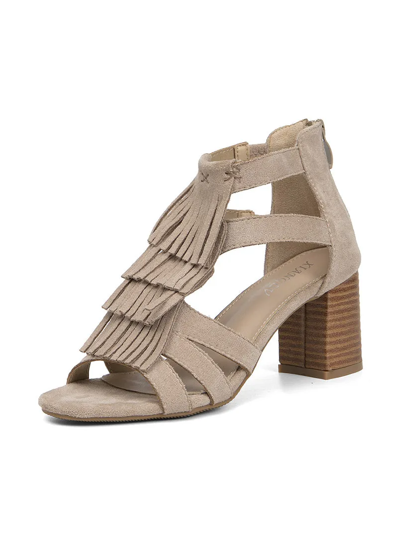 Fringed High-heeled Fishmouth Thick-heeled Sandals