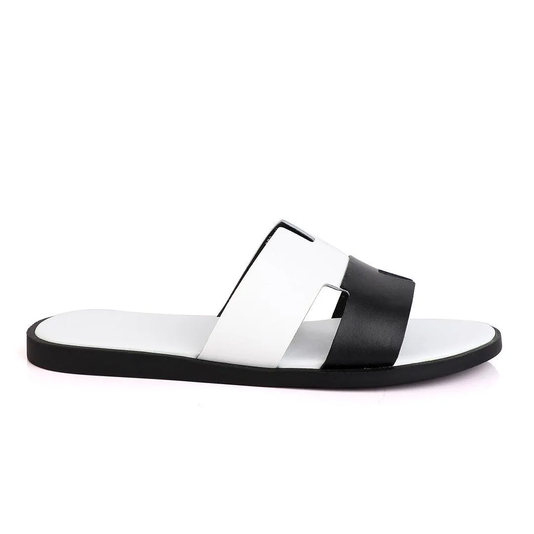 Hermes Paris Black and White  Leather Slippers