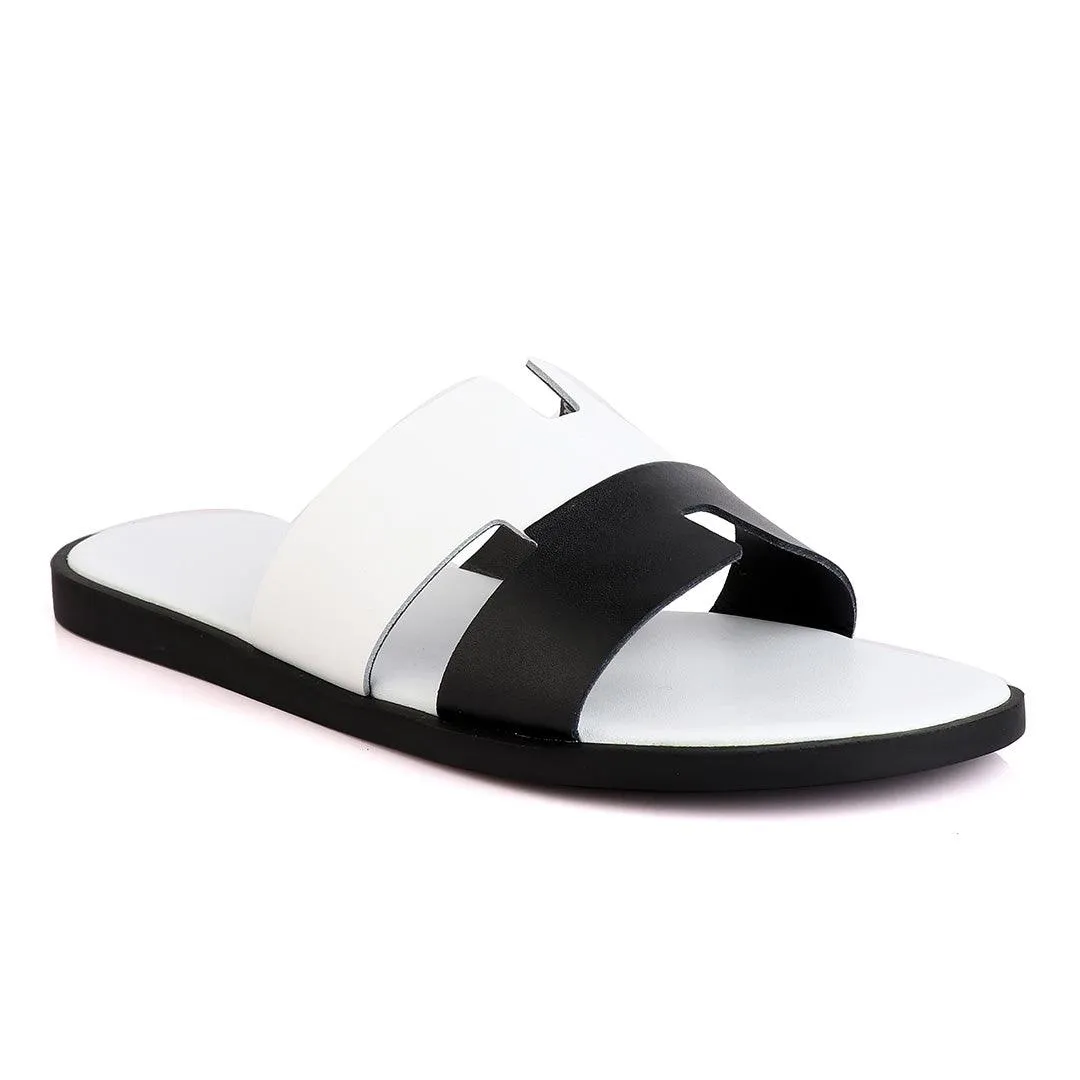 Hermes Paris Black and White  Leather Slippers