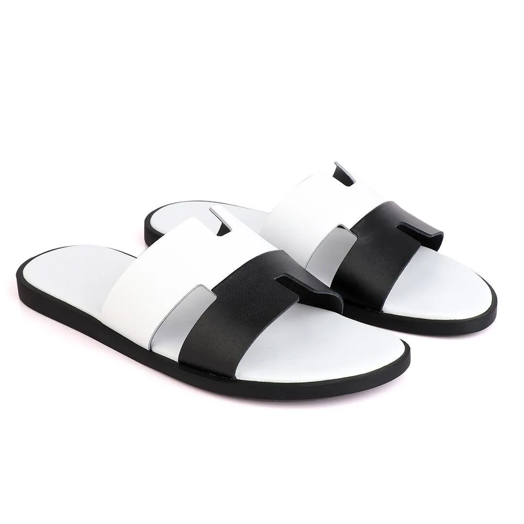 Hermes Paris Black and White  Leather Slippers