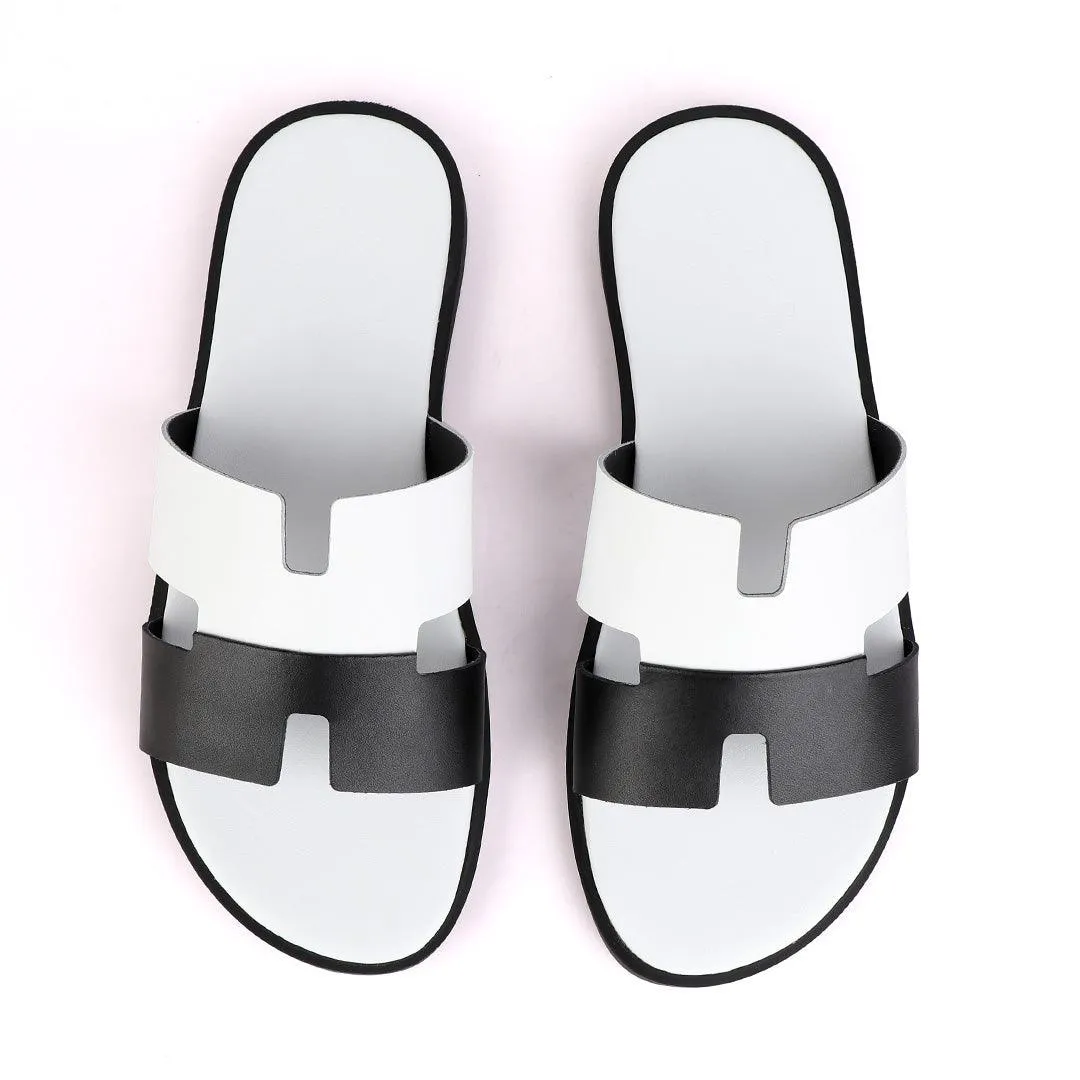 Hermes Paris Black and White  Leather Slippers