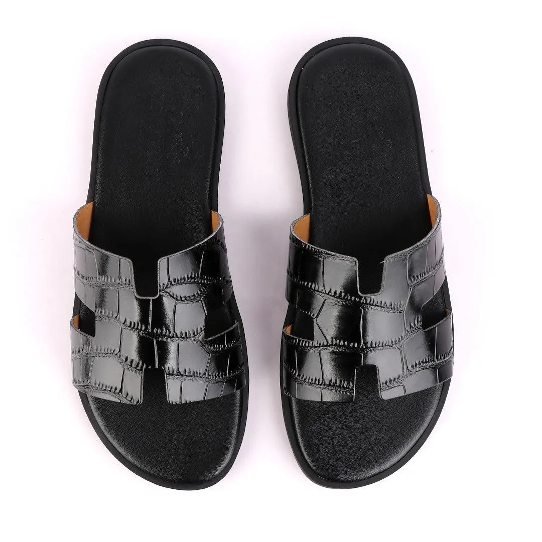 Hermes Paris Black Croc Patterned Leather Slippers.